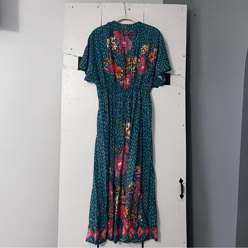 Anthropologie Blank London Teal Floral Print Tatiana Kaftan Dress One Size - Picture 7 of 14